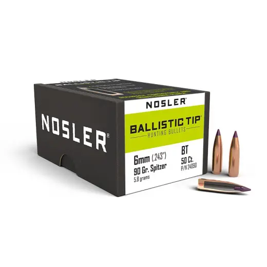 Střela Nosler Ballistic Tip Hunting 6mm, dia .243, 90grs (5,8g). SKU: 24090