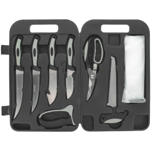 Sada nožů z nerezové oceli pro zpracování zvěřiny, uložené v kompaktním kufříku pro snadný transport a skladování. Obsahuje 4 nože, brousek, pilku a nůžky na kosti, plastové prkýnko a hygienické rukavice.
