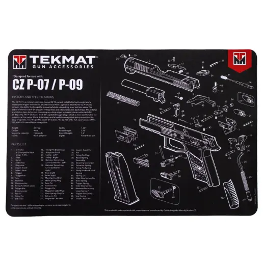 TekMat podložka pro čištění a údržbu zbraní s potiskem modelu CZ P07/P09. Tyto 17" podložky TekMat jsou dostatečně velké, aby se na ně vešla plně rozebraná pistole a zbylo místo i na nářadí a příslušenství.