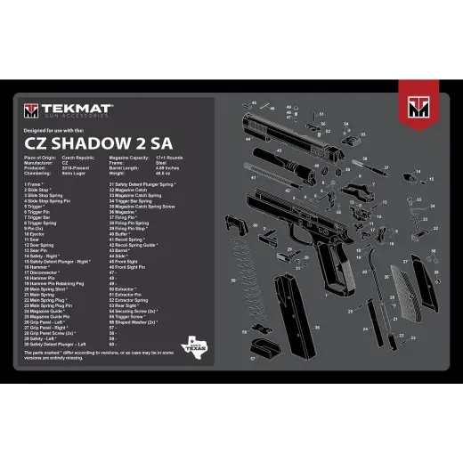 TekMat podložka pro čištění a údržbu zbraní s potiskem modelu CZ SHADOW 2 SA. Tyto 17" (43cm) podložky TekMat jsou dostatečně velké, aby se na ně vešla plně rozebraná pistole a zbylo místo na nářadí a příslušenství.&nbsp;