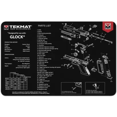 TekMat podložka pro čištění a údržbu zbraní s potiskem modelu Glock. Tyto 17" (43cm) podložky TekMat jsou dostatečně velké, aby se na ně vešla plně rozebraná pistole a zbylo místo na nářadí a příslušenství.&nbsp;