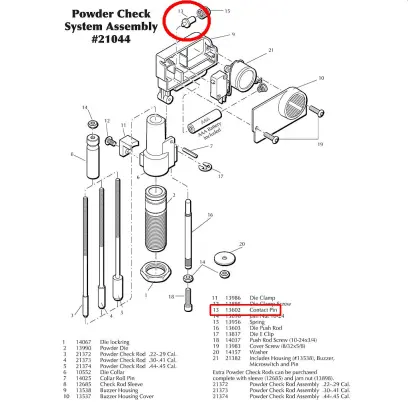 Kontaktní kolík spínače Dillon Contact Pin, součást sestavy systému kontroly prachu Powder Check.