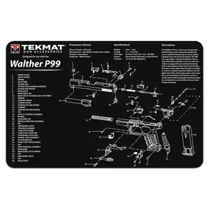 TekMat podložka pro čištění a údržbu zbraní s potiskem modelu Walther P99. Tyto 17" (43cm) podložky TekMat jsou dostatečně velké, aby se na ně vešla plně rozebraná pistole a zbylo místo na nářadí a příslušenství.&nbsp;