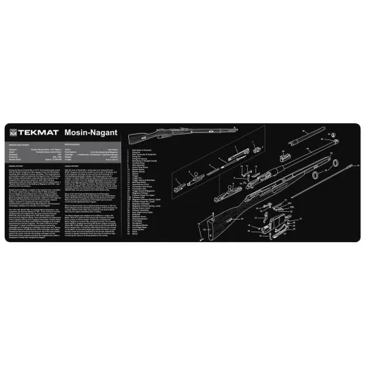 TekMat podložka pro čištění a údržbu zbraní s potiskem modelu Mosin-Nagant. Tyto 36" (91cm) podložky TekMat jsou dostatečně velké, aby se na ně vešla plně rozebraná puška a zbylo místo na nářadí a příslušenství.&nbsp;