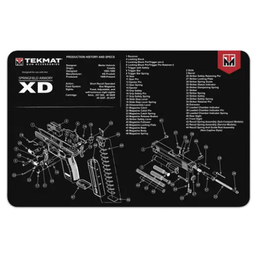 TekMat podložka pro čištění a údržbu zbraní s potiskem modelu Springfield Armory XD. Tyto 17" (43cm) podložky TekMat jsou dostatečně velké, aby se na ně vešla plně rozebraná pistole a zbylo místo na nářadí a příslušenství.&nbsp;