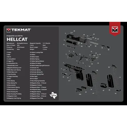 TekMat podložka pro čištění a údržbu zbraní s potiskem modelu Springfield Hellcat. Tyto 17" (43cm) podložky TekMat jsou dostatečně velké, aby se na ně vešla plně rozebraná pistole a zbylo místo na nářadí a příslušenství.&nbsp;