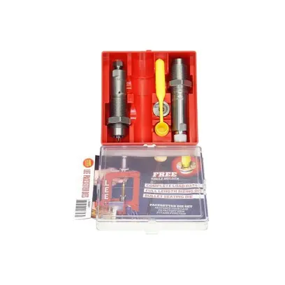 Sada 2ks ocelových matric v ráži 4,6x30mm HK (4.6x30). Obsahuje celoformátovací a usazovací matrici a držák nábojnic.