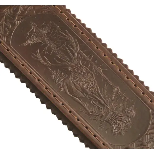 Kvalitní kožený řemen na pušku s exkluzivní ražbou motivu jelena. Podšitý hnědým filcem. Zapínání na klasickou přezku. Šíře 5 cm.