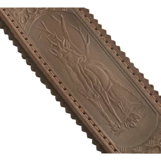 Kvalitní kožený řemen na pušku s exkluzivní ražbou motivu srnce. Podšitý hnědým filcem. Zapínání na klasickou přezku. Šíře 5 cm.