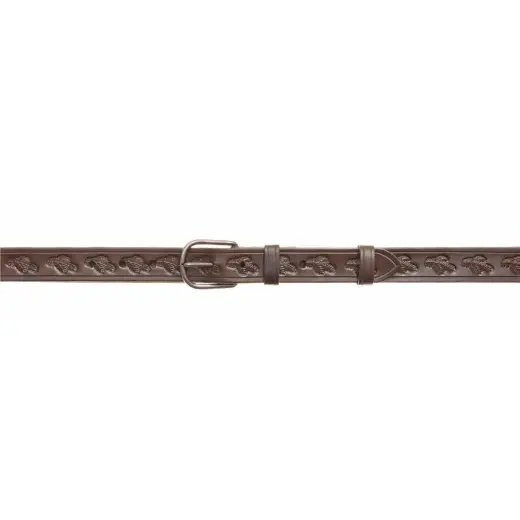 Hnědý myslivecký opasek z kvalitní kůže, zdobený mysliveckými motivy. Šířka 3 cm, délka 110 cm.