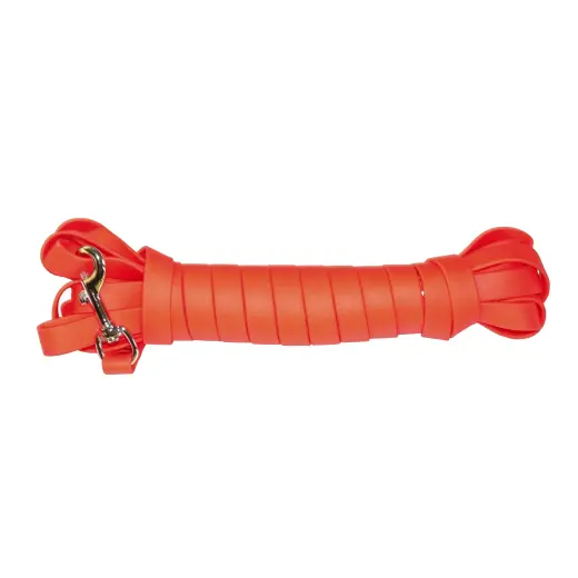 Plochá stopovací šňůra zakončená klasickou karabinou. Vyrobeno z odolného a lehce omyvatelného materiálu BIOTHANE. Průměr 16 mm. Délka 8 metrů. Reflexní oranžová barva.