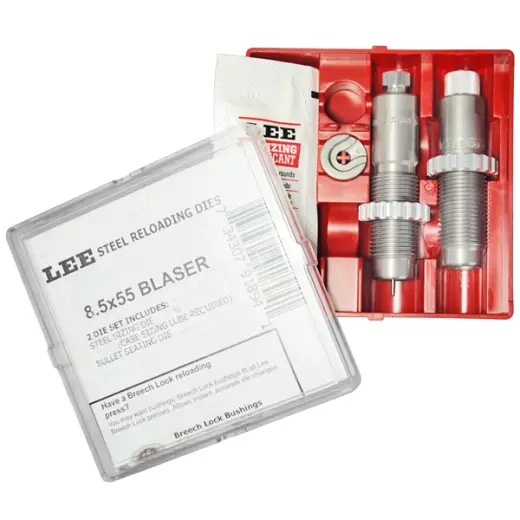 Sada 2ks ocelových matric v ráži 8,5x55 R Blaser. Obsahuje celoformátovací a usazovací matrici a držák nábojnic.