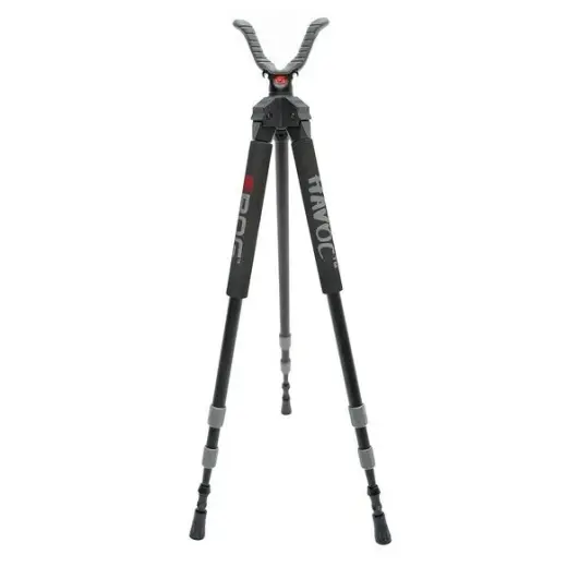 Střelecká trojnožka Havoc v černém provedení nabízí lehkou, mobilní a stabilní podporu při střelbě ve stoje, v kleče i v sedě.