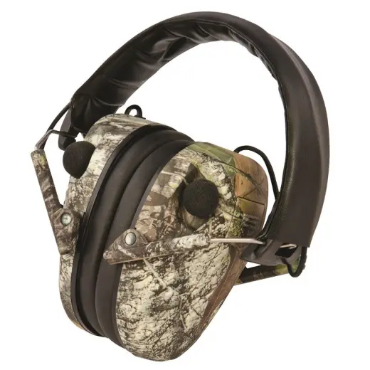 Nízkoprofilová střelecká sluchátka elektronická Caldwell E-Max Stereo s kamufláží, ochrana sluchu.