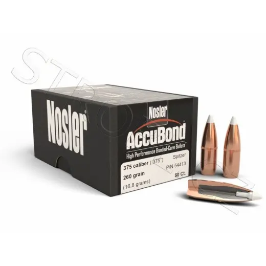 Střela Nosler AccuBond .375 cal, dia .375, 260grs (16,8g). SKU: 54413. Tyto střely jsou vybaveny krimpovací drážkou.