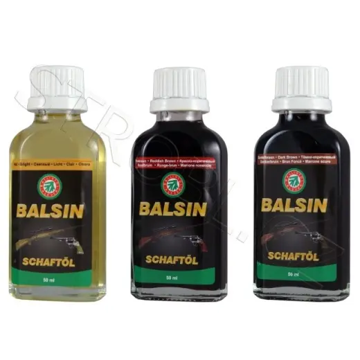 Sada speciálních olejů Ballistol Balsin Brown, Reddish a Bright pro péči o dřevěné části zbraně.