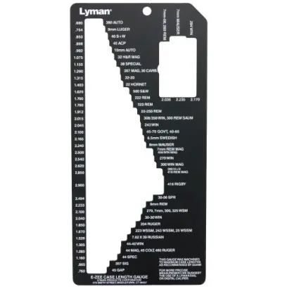 Velmi šikovná pomůcka, vhodná také pro třídění nábojnic. Dokáže změřit přes 70 oblíbených druhů pistolových a puškových nábojnic.