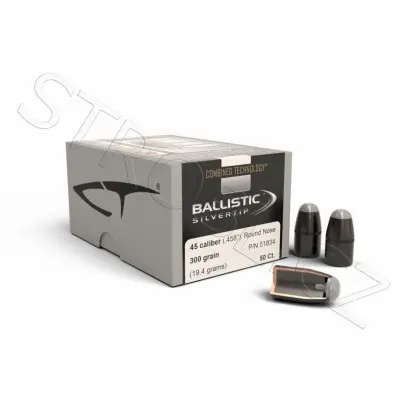 Střela Nosler Ballistic Silvertip .45-70 Gov't, dia .458, 300grs (19,4g). SKU: 51834.
Tyto střely jsou vybaveny krimpovací drážkou.