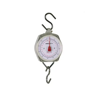 Závěsná váha na zvěř, zatížitelná až do 250 kg. Velký ciferník s dobře čitelnými údaji, cejchovaný v kilogramech a librách.