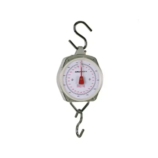 Závěsná váha na zvěř, zatížitelná až do 250 kg. Velký ciferník s dobře čitelnými údaji, cejchovaný v kilogramech a librách.