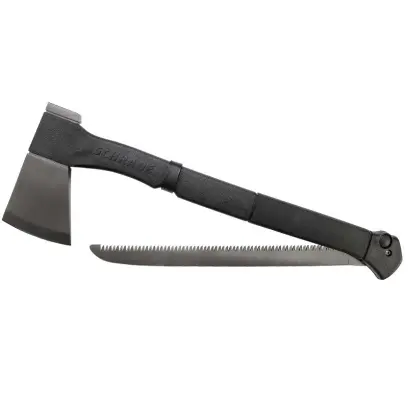Kombinovaná sekera Schrade se skládací pilkou. Nerezová ocel 3Cr13 potažená oxidem titanu, držadlo z kompozitu skleněného vlákna, PA a TPR. Polyesterová krytka na čepel sekyry, s poutkem na opasek.