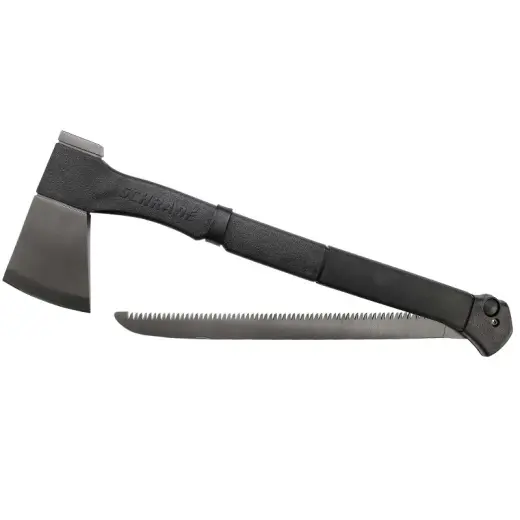 Kombinovaná sekera Schrade se skládací pilkou. Nerezová ocel 3Cr13 potažená oxidem titanu, držadlo z kompozitu skleněného vlákna, PA a TPR. Polyesterová krytka na čepel sekyry, s poutkem na opasek.