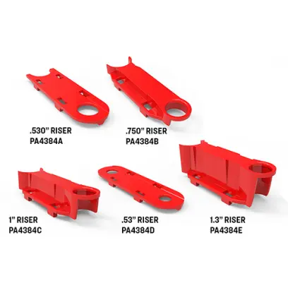 Sada nástavců zavaděče nábojnic. Volbou správného nástavce zajistíte optimální vedení nábojnic a střel z podavače do matrice. MOLDED PARTS RISERS