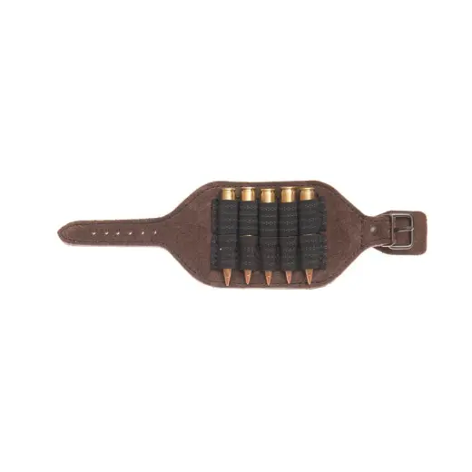 Kožený návlek na ruku na 5 kulových nábojů. Pro rychlejší přebití na naháňce.