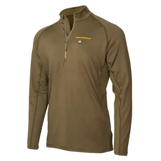 Vyhřívaná mikina MUDDY NUCLEUS Quarter Zip - 2XL Vyhřívaná mikina se zipem u krku napájená powerbankou 10 000 mAh (součástí). 2 vyhřívací zóny na zádech, tři úrovně vyhřívání, rychlé nabíjení, pohodlný antistatický materiál. Hnědá barva. Velikost 2XL.