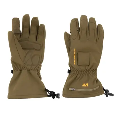 Vyhřívané rukavice napájené 2x3500Ah baterií (součástí). Tři úrovně vyhřívání, rychlé nabíjení (3h). Protiskluzové dlaně, odklopitelný Tech Tip ukazováček, Hnědá barva. Velikost M.