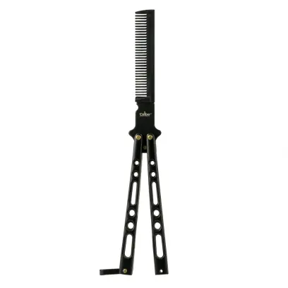Originální hřebínek na vlasy Caliber Gourmet Butterfly Comb pro trénování triků s noži typu "motýlek". Vyrobeno z nerezové oceli, místo ostré čepele je hřebínek na vlasy a vousy.