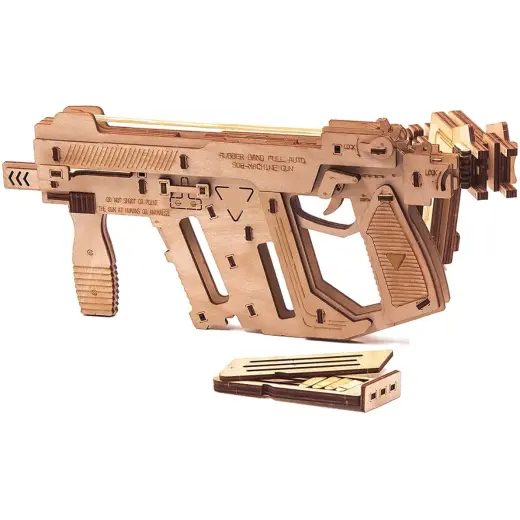3D dřevěný model samopalu Rubber Band Machine Gun Puzzle Wood. Dřevěná skládačka vhodná pro děti i dospělé. Střílí gumičkami ve dvou režimech střelby - automatická a poloautomatická střelba.