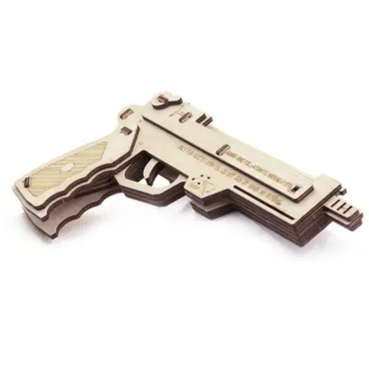 3D dřevěný model pistole Rubber Band Hand Gun Puzzle Wood. Dřevěná skládačka vhodná pro děti i dospělé. Střílí gumičkami ve dvou režimech střelby - automatická a poloautomatická střelba.