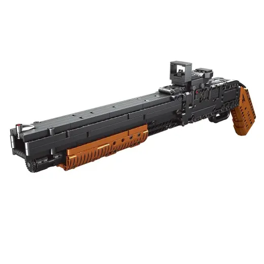 Stavebnice Brokovnice Caliber Gourmet Stavebnice modelu opakovací brokovnice s funkčními mířidly, pohyblivým předpažbím (pumpou) i spouští. Střílí plastové projektily. Dodáváno s municí. Caliber Building Blocks Shot Gun Toy.