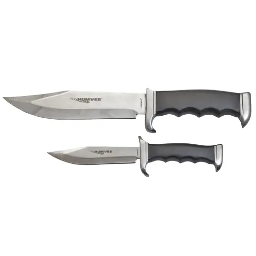 Sada dvou nožů HUMVEE s čepelí Bowie z leštěné nerezové oceli a černou rukojetí ze dřeva Pakka. Nylonové pouzdro součástí. Délka nožů: malý 21,6 cm, velký 31,75 cm.