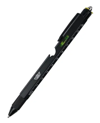 Taktické pero UZI Tactical Utility Pen je vybaveno kuličkovým perem, pravítkem, vodováhou, LED světlem, držákem telefonu, plochým a křížovým šroubovákem a stylusem pro psaní na displej.