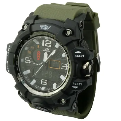 Pohodlné sportovní hodinky pro každodenní nošení. Odolné tělo z ABS, sklo odolné proti poškrábání, digitální datumovka, podsvícení,&nbsp; voděodolnost&nbsp;30 m, měkký gumový řemínek, 54 x 18 mm.