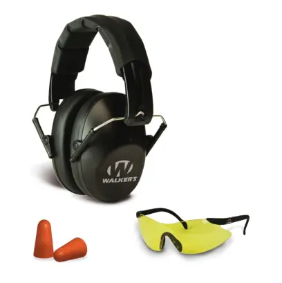 Sada nízkoprofilových skládacích pasivních sluchátek, sportovních ochranných brýlí a špuntů do uší Walker’s je perfektní výbavou na střelnici.