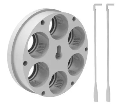 Nástrojová hlava se třemi a šesti pozicemi pro matrice LEE 3/6 HOLE ULTIMATE TOOL CARRIER a indexovací tyčí 3/6 HOLE INDEX ROD. Náhradní díl pro přebíjecí lis Lee Ultimate Turret Press (#91910).