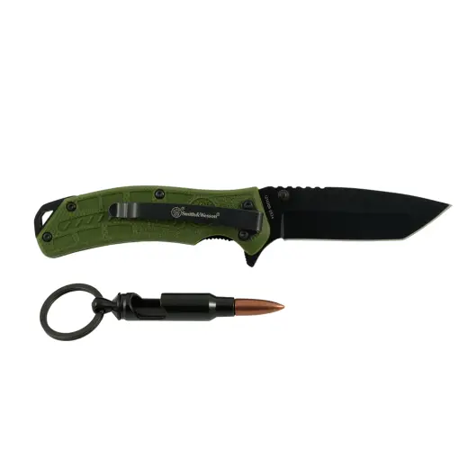 Taktický kapesní nůž s čepelí Tanto z nerezové oceli, asistovaným pružinovým otevíráním a pojistkou Liner Lock. Jako dárek přívěšek na klíče ve tvaru náboje, sloužící jako otvírák na lahve.