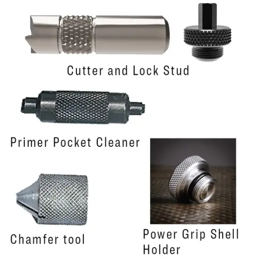 Univerzální sada nástrojů pro zkracování nábojnic a čištění zápalkového lůžka. Včetně držáku nábojnic Power Grip Shell Holder pro rychlejší úpravu nábojnic.