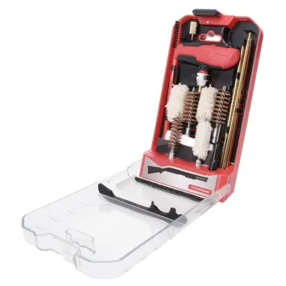 17dílná sada na čištění brokovnic. Prakticky uspořádaná ve výklopné úložné krabičce.