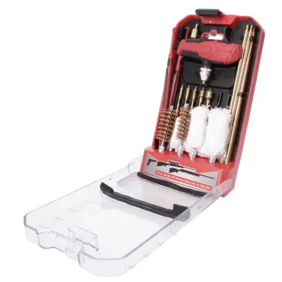 22dílná univerzální sada na čištění zbraní (ráže .22 cal, .243cal, .27/.28 cal, 6mm/.264 cal, .30/.308; 12ga, 20ga). Prakticky uspořádaná ve výklopné úložné krabičce.