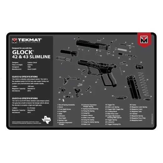 TekMat podložka pro čištění a údržbu zbraní s potiskem modelu GLOCK 42/43. Tyto 17" (43cm) podložky TekMat jsou dostatečně velké, aby se na ně vešla plně rozebraná pistole a zbylo místo na nářadí a příslušenství.
