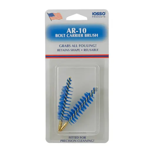 IOSSO AR-308 Bolt Carrier Brush, 2 pcs Sada 2 kartáčků na čištění nosiče závorníku pušky AR-308. Speciální modrá syntetická vlákna jsou pevná, odolná a lépe drží tvar než bronzové a mosazné kartáčky. Vnější závit 8-32.