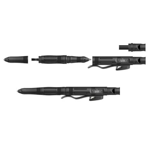 Taktické pero UZI s řezačem pásů - černé Multifunkční taktické pero s křesadlem, píšťalkou, šroubovákem, řezačem pásů a karbidovým hrotem pro rozbití skla. Odolné survival pero z lehkého leteckého hliníku s nerezovým klipem na kapsu.