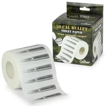 Toaletní papír Caliber Gourmet s realistickým potiskem nábojů ráže .50 přináší originální humor do každodenní rutiny. 200 útržků a 3 vrstvy zajistí pohodlí i v těch nejvypjatějších chvílích.