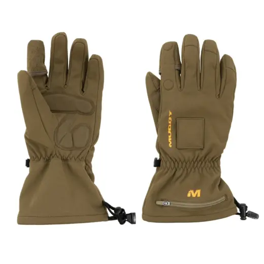 Vyhřívané softshellové rukavice MUDDY NUCLEUS hnědé Vyhřívané rukavice napájené 2x3500Ah baterií (součástí). Tři úrovně vyhřívání, rychlé nabíjení (3h). Protiskluzové dlaně, odklopitelný Tech Tip ukazováček, Hnědá barva. Velikost M, L, XL.
