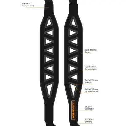 Ultralehký ergonomicky tvarovaný řemen MUDDY NIMBUS ULTRA-LIGHT s nastavitelnou délkou, prodlouženým palcovým očkem a rychloupínací montáží QD. Šíře 3,2 cm. Černá barva.