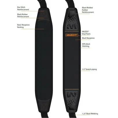 Pohodlný neoprenový řemen MUDDY PATHFINDER s nastavitelnou délkou, rychloupínací QD montáží, protiskluzovou úpravou a vyztužením z tvarované gumy pro vyšší odolnost. Šíře 3,2 cm. Černá barva.